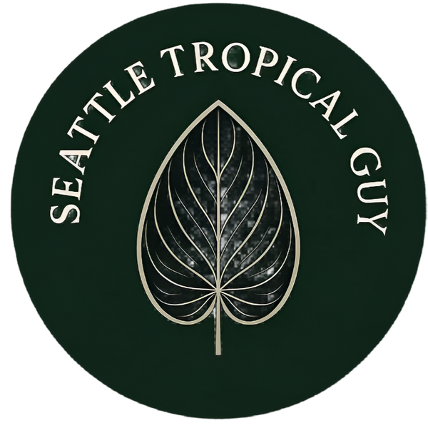 Logo of Seattle Tropical Guy with a leaf design on a dark green background